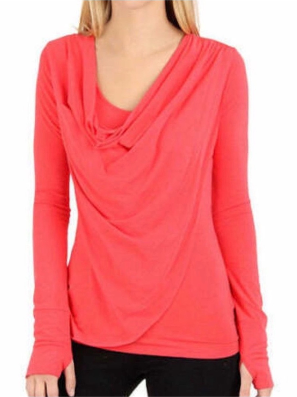 Alo Yoga Coral Pink Asana Asymmetrical Draped Cowl Neck Long Sleeve Top, Size M